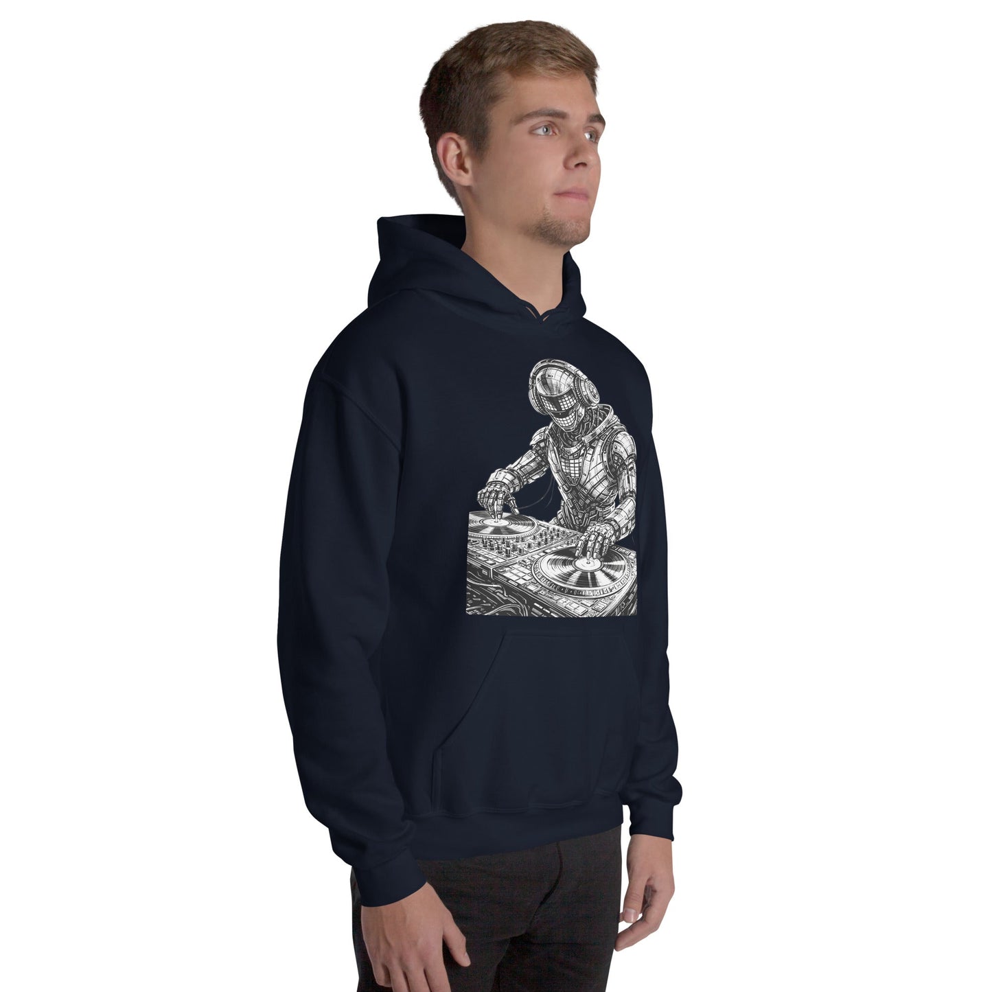 Glitched Robot DJ Hoodie – Limited Drop – Black White Cyberpunk DJ Music Unisex - Trendy