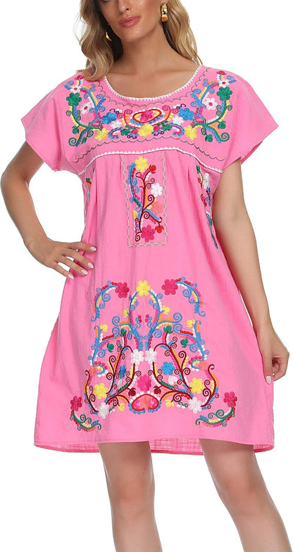 Women'S Casual Skirt Boho Mexican Peasant Dresse plus Size XXL Dress (225PINK, S)