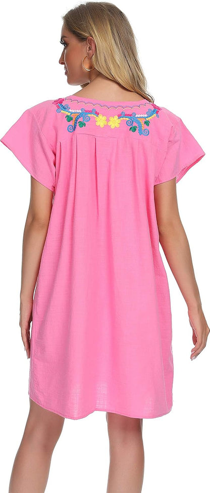Women'S Casual Skirt Boho Mexican Peasant Dresse plus Size XXL Dress (225PINK, S)