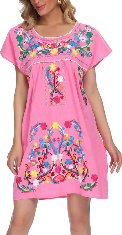 Women'S Casual Skirt Boho Mexican Peasant Dresse plus Size XXL Dress (225PINK, S)