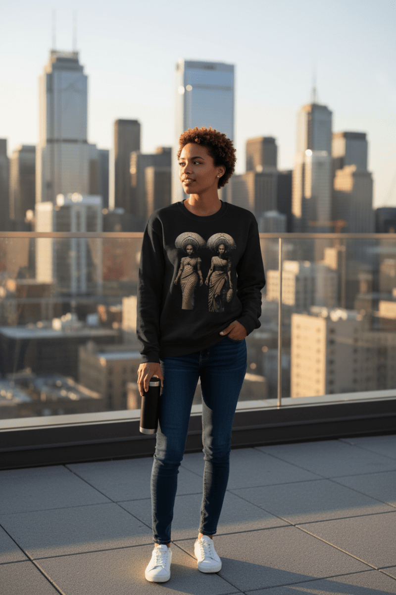 African Women Glitch Art Sweatshirt | Afro - Futuristic Digital Statement Unisex - Trendy