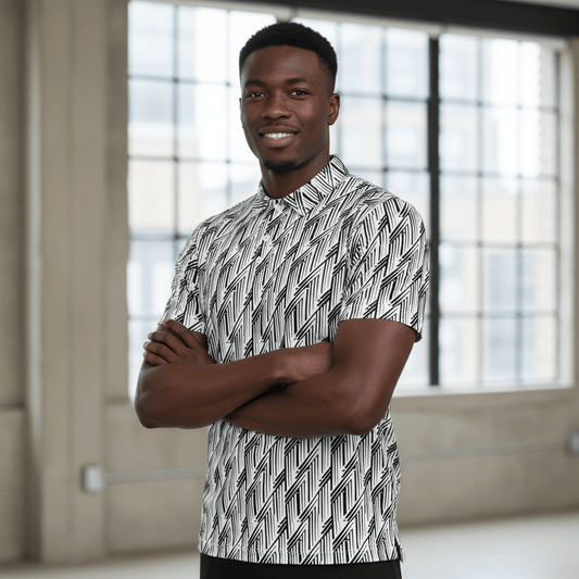 Black & White Glitch Stripe Polo – Limited Drop – Minimalist Geometric All - Over Print - Trendy