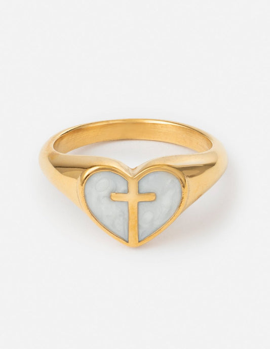 Enamel Heart Cross Ring - Trendy