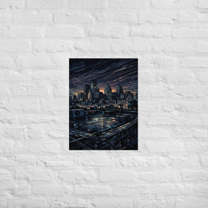 Urban Philly Rooftop Poster – Limited Drop – Philadelphia Skyline Glitch Line Art Wall Art