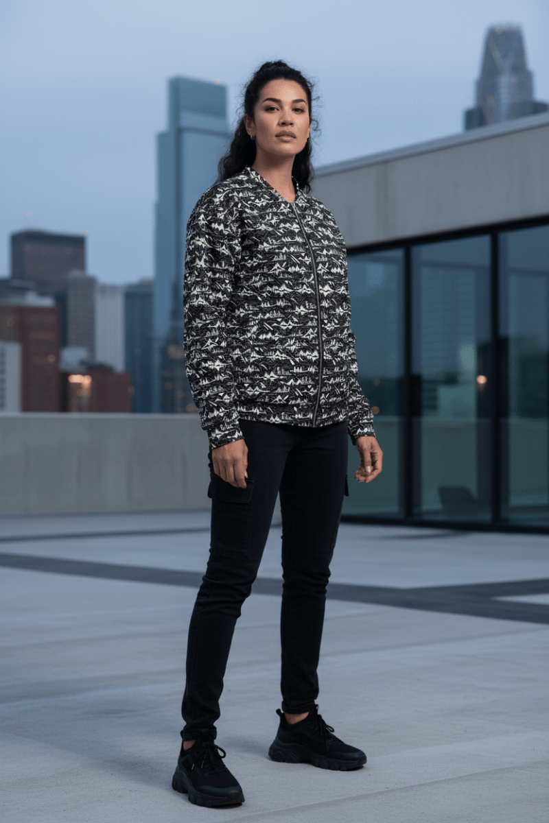 Glitch Soundwave Grid Bomber Jacket – Limited Drop – Black White Neo - Futurist All - Over Print - Trendy