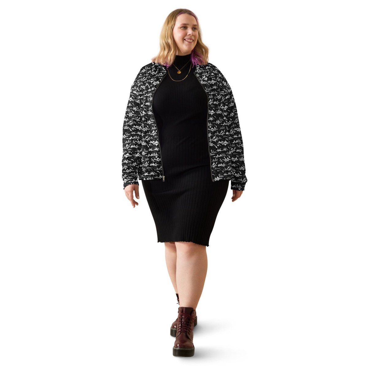 Glitch Soundwave Grid Bomber Jacket – Limited Drop – Black White Neo - Futurist All - Over Print - Trendy