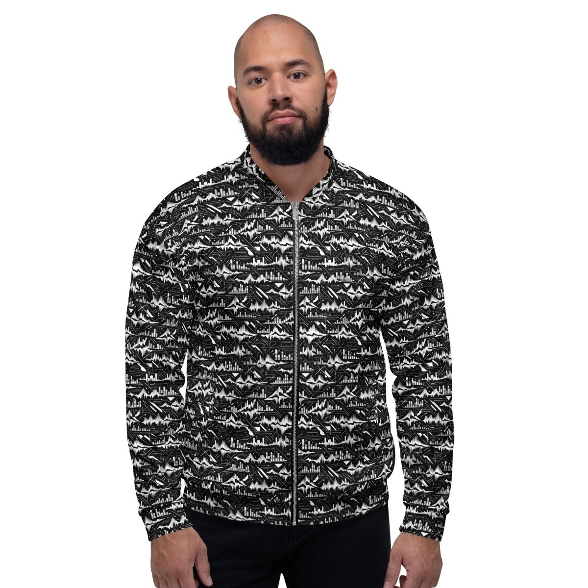Glitch Soundwave Grid Bomber Jacket – Limited Drop – Black White Neo - Futurist All - Over Print - Trendy