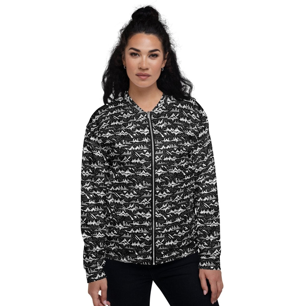 Glitch Soundwave Grid Bomber Jacket – Limited Drop – Black White Neo - Futurist All - Over Print - Trendy