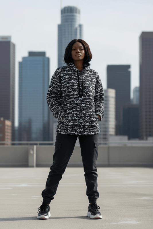 Glitch Soundwave Grid Hoodie – Limited Drop – Black White Neo - Futurist All - Over Print - Trendy