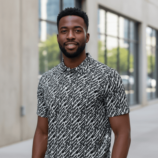 Glitch Stripe Polo – Limited Drop – Futuristic Black White All - Over Print Slim Fit - Trendy