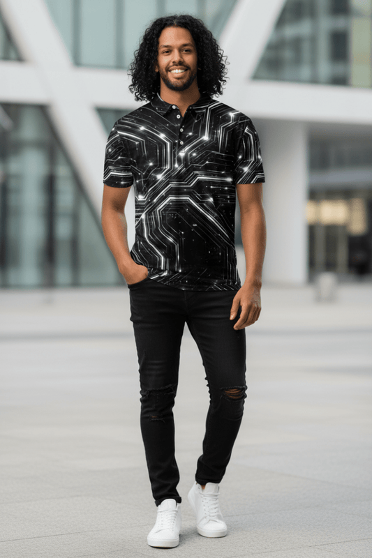 Glitched Circuitry Polo – Limited Drop – Black White Tech All - Over Print Slim Fit - Trendy