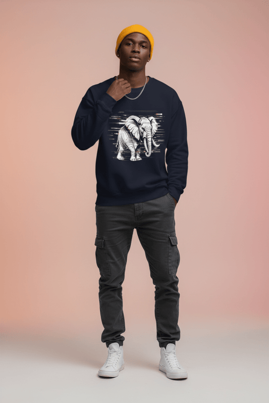 Glitched Elephant Sweatshirt – Limited Drop – Black White Glitch Line Art Unisex - Trendy