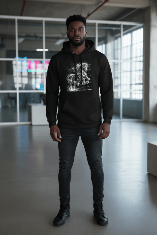 Glitched Gallop Hoodie – Limited Drop – Black White Cyberpunk Motion Graphic - Trendy