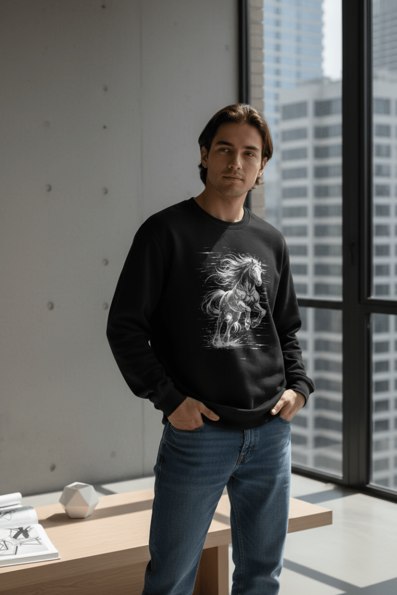 Glitched Gallop Sweatshirt – Limited Drop – Black White Cyberpunk Motion Unisex - Trendy
