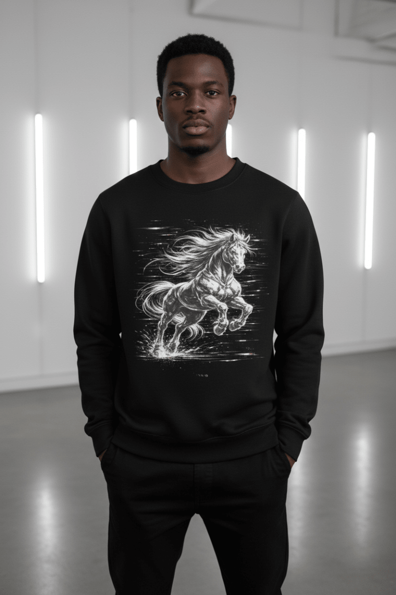 Glitched Gallop Sweatshirt – Limited Drop – Black White Cyberpunk Motion Unisex - Trendy