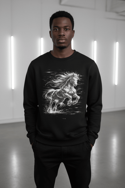 Glitched Gallop Sweatshirt – Limited Drop – Black White Cyberpunk Motion Unisex - Trendy