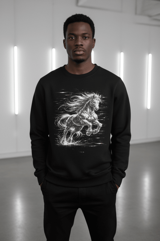 Glitched Gallop Sweatshirt – Limited Drop – Black White Cyberpunk Motion Unisex - Trendy