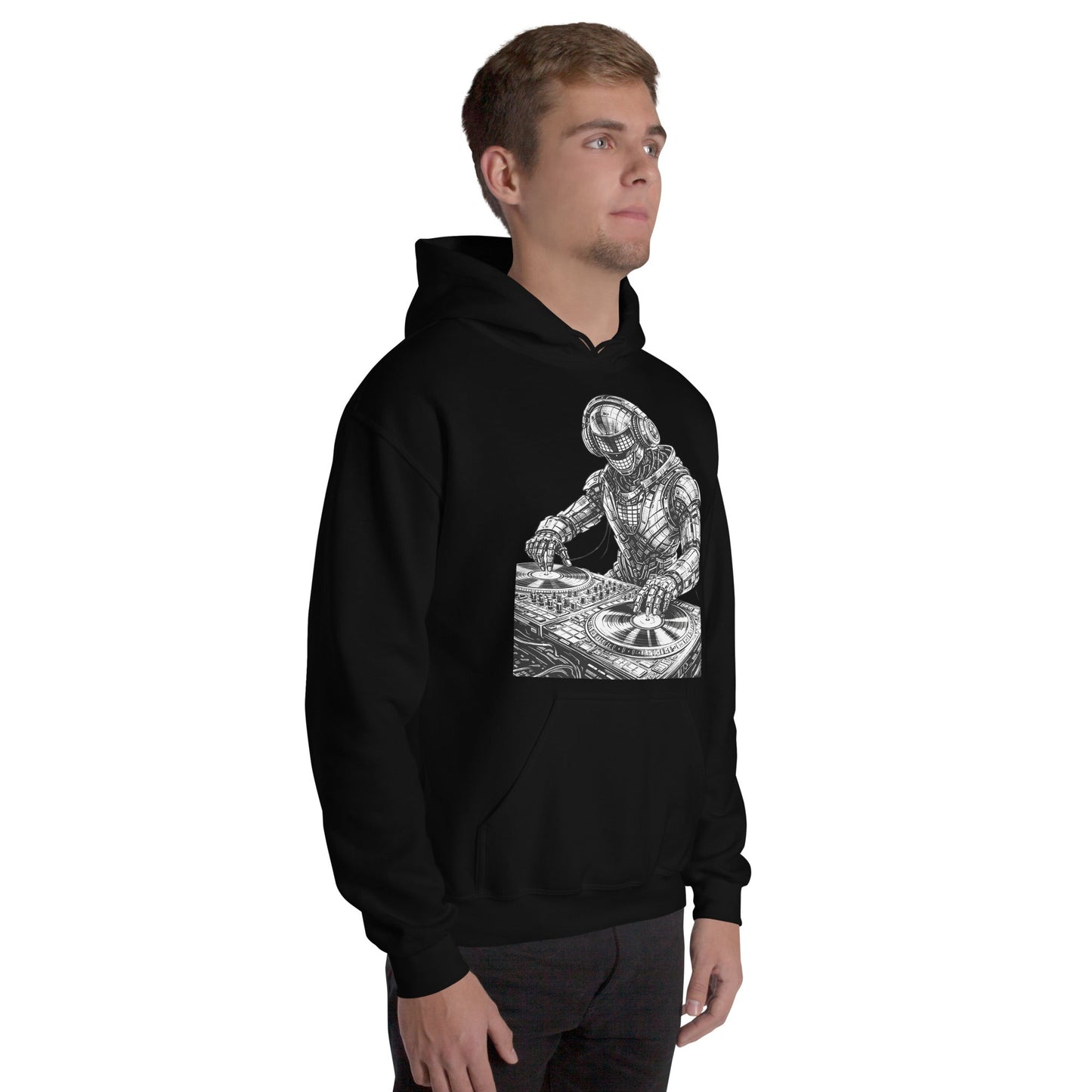 Glitched Robot DJ Hoodie – Limited Drop – Black White Cyberpunk DJ Music Unisex - Trendy
