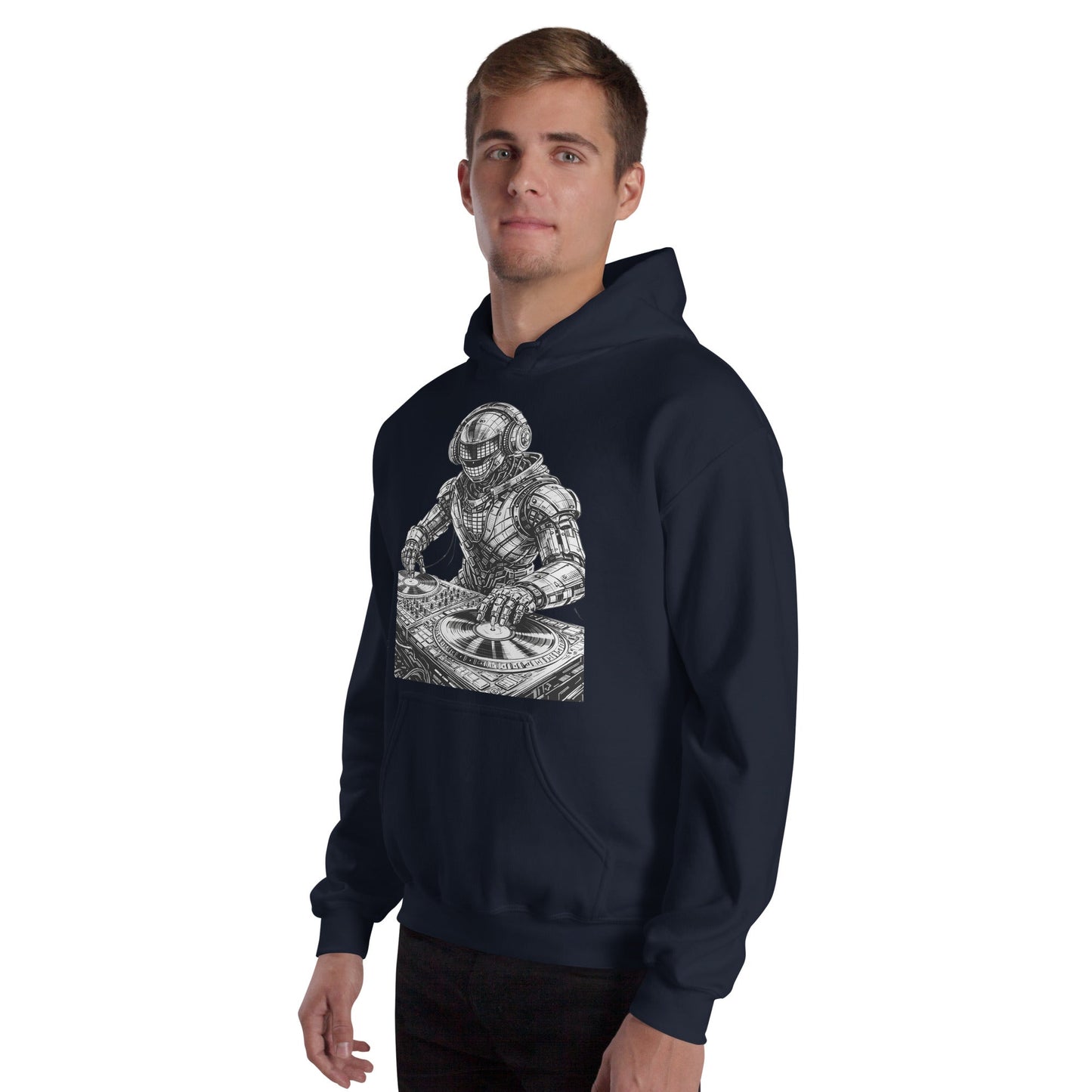 Glitched Robot DJ Hoodie – Limited Drop – Black White Cyberpunk DJ Music Unisex - Trendy
