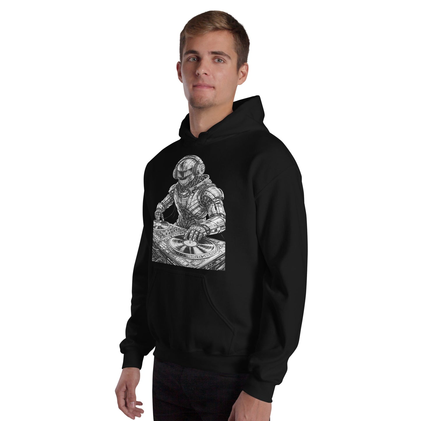 Glitched Robot DJ Hoodie – Limited Drop – Black White Cyberpunk DJ Music Unisex - Trendy