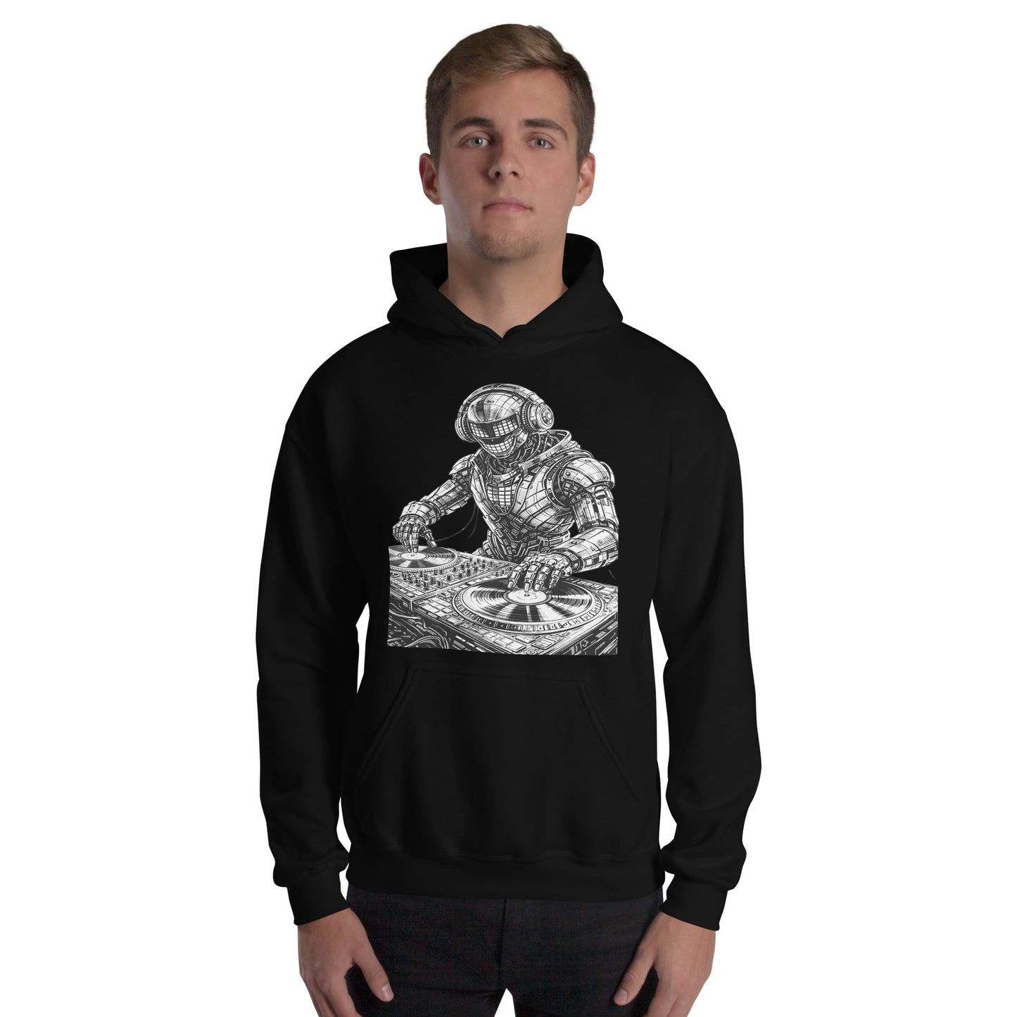 Glitched Robot DJ Hoodie – Limited Drop – Black White Cyberpunk DJ Music Unisex - Trendy