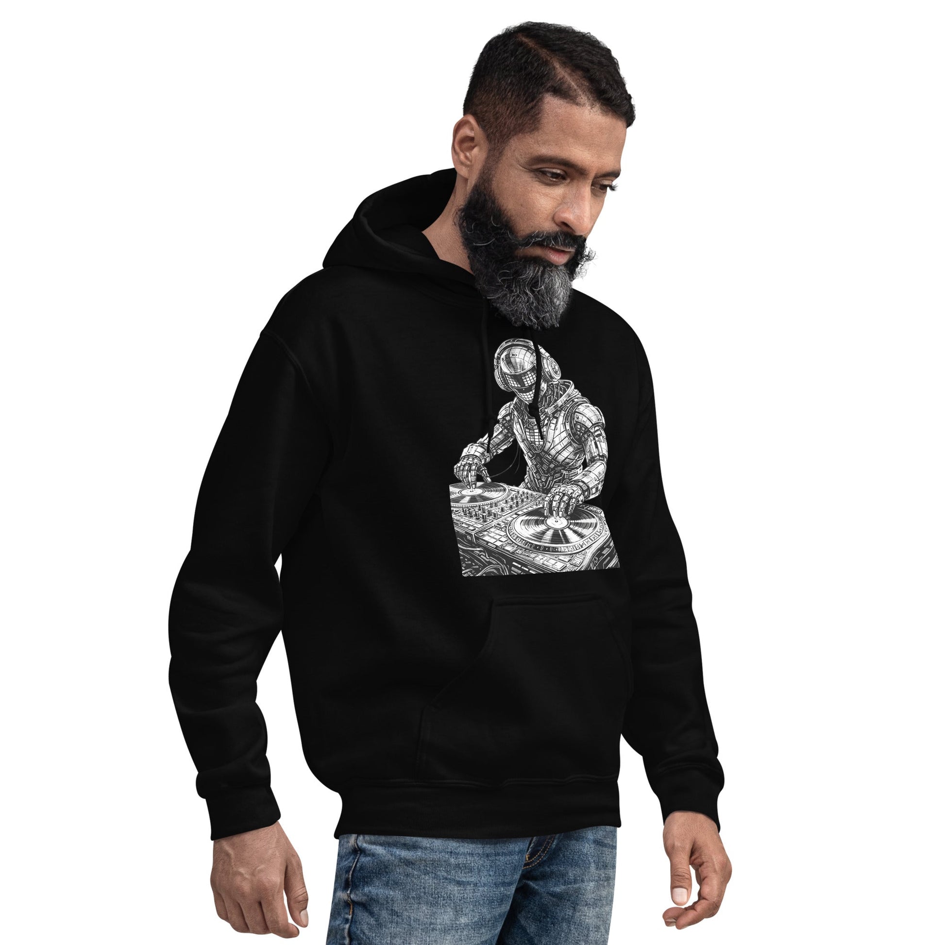 Glitched Robot DJ Hoodie – Limited Drop – Black White Cyberpunk DJ Music Unisex - Trendy