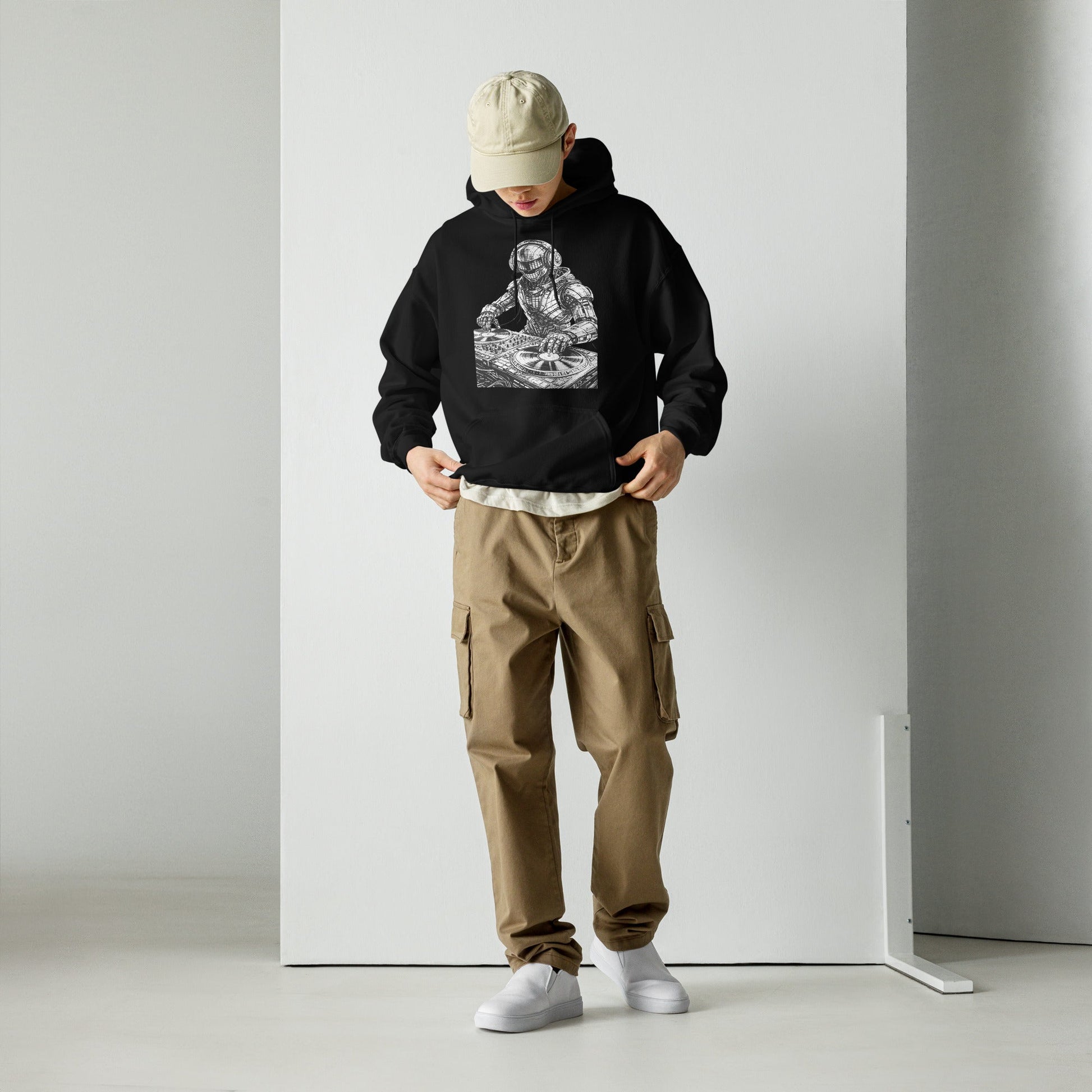 Glitched Robot DJ Hoodie – Limited Drop – Black White Cyberpunk DJ Music Unisex - Trendy