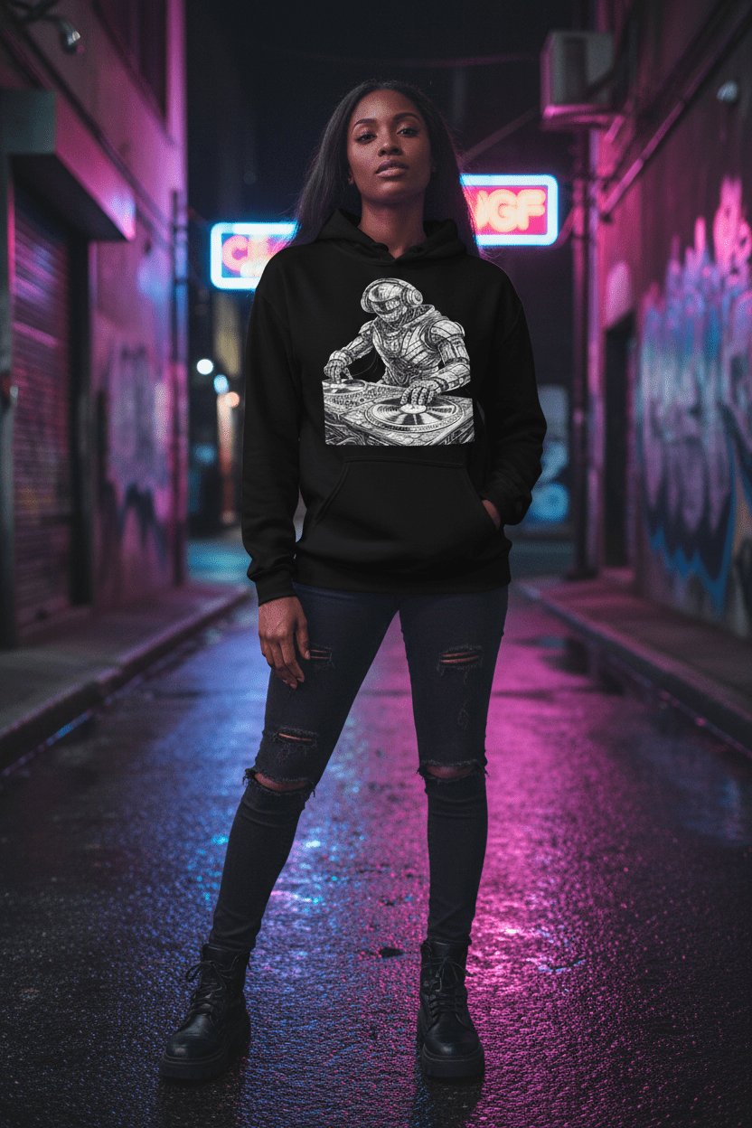 Glitched Robot DJ Hoodie – Limited Drop – Black White Cyberpunk DJ Music Unisex - Trendy