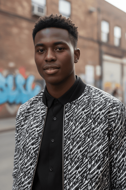 High - Energy Glitch Stripe Bomber Jacket – Limited Drop – Black White Futuristic All - Over Print - Trendy