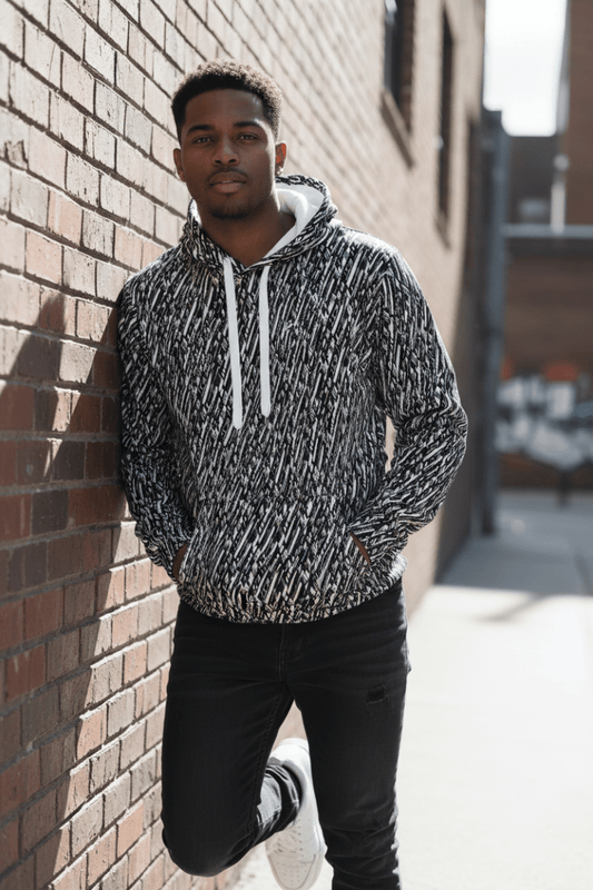 High - Energy Glitch Stripe Hoodie – Limited Drop – Black White Futuristic All - Over Print - Trendy