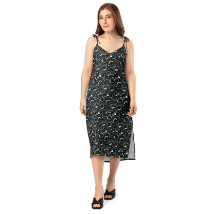 Modern Geometric Midi Dress – Limited Drop – Black Green All - Over Print Chiffon Slip - Trendy