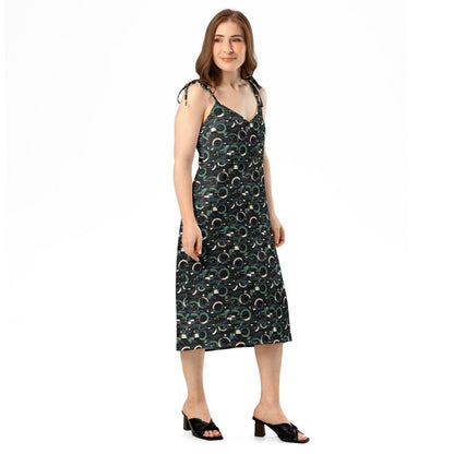 Modern Geometric Midi Dress – Limited Drop – Black Green All - Over Print Chiffon Slip - Trendy