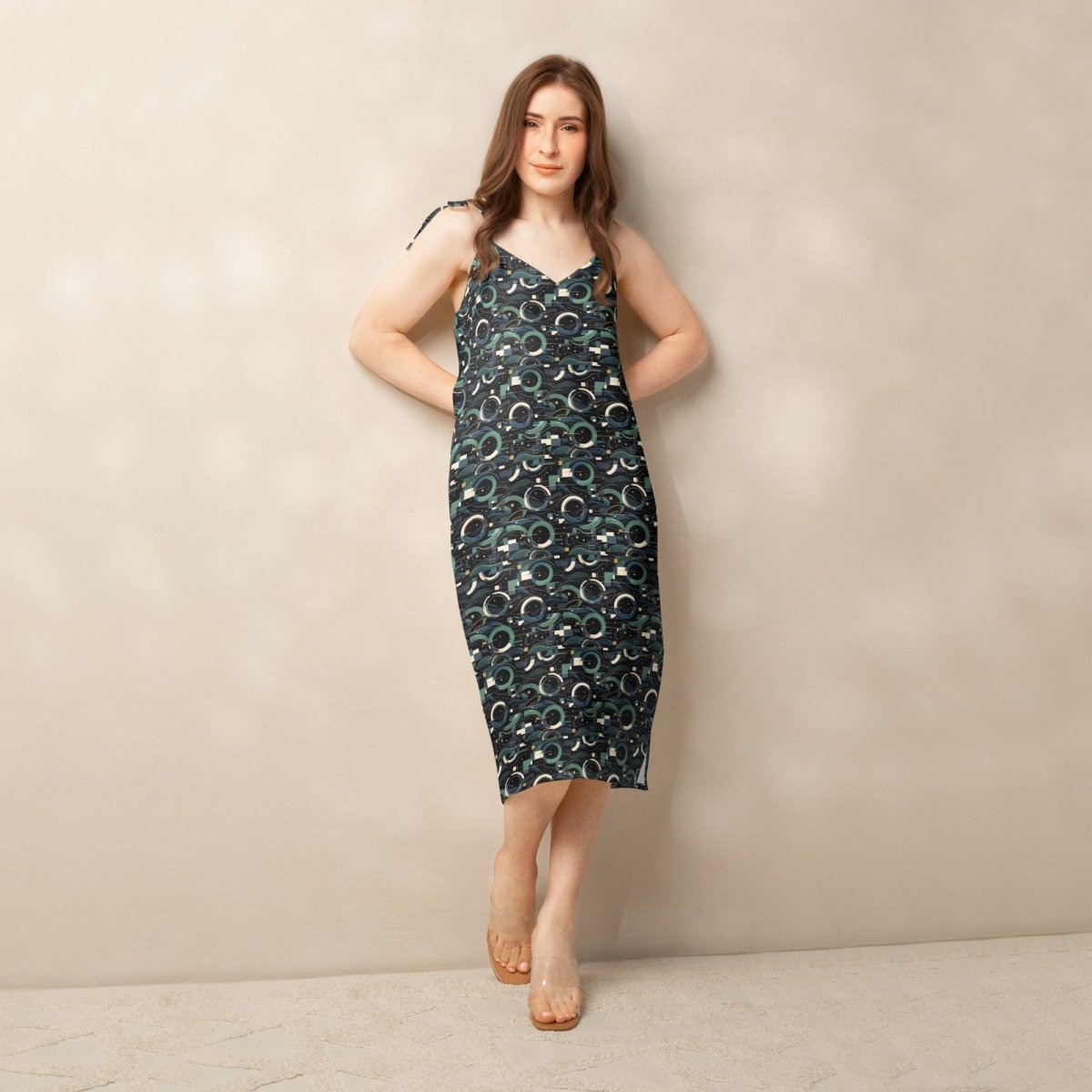 Modern Geometric Midi Dress – Limited Drop – Black Green All - Over Print Chiffon Slip - Trendy