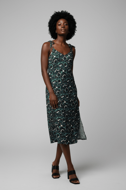 Modern Geometric Midi Dress – Limited Drop – Black Green All - Over Print Chiffon Slip - Trendy