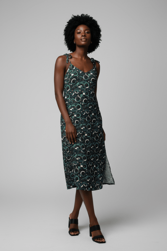 Modern Geometric Midi Dress – Limited Drop – Black Green All - Over Print Chiffon Slip - Trendy