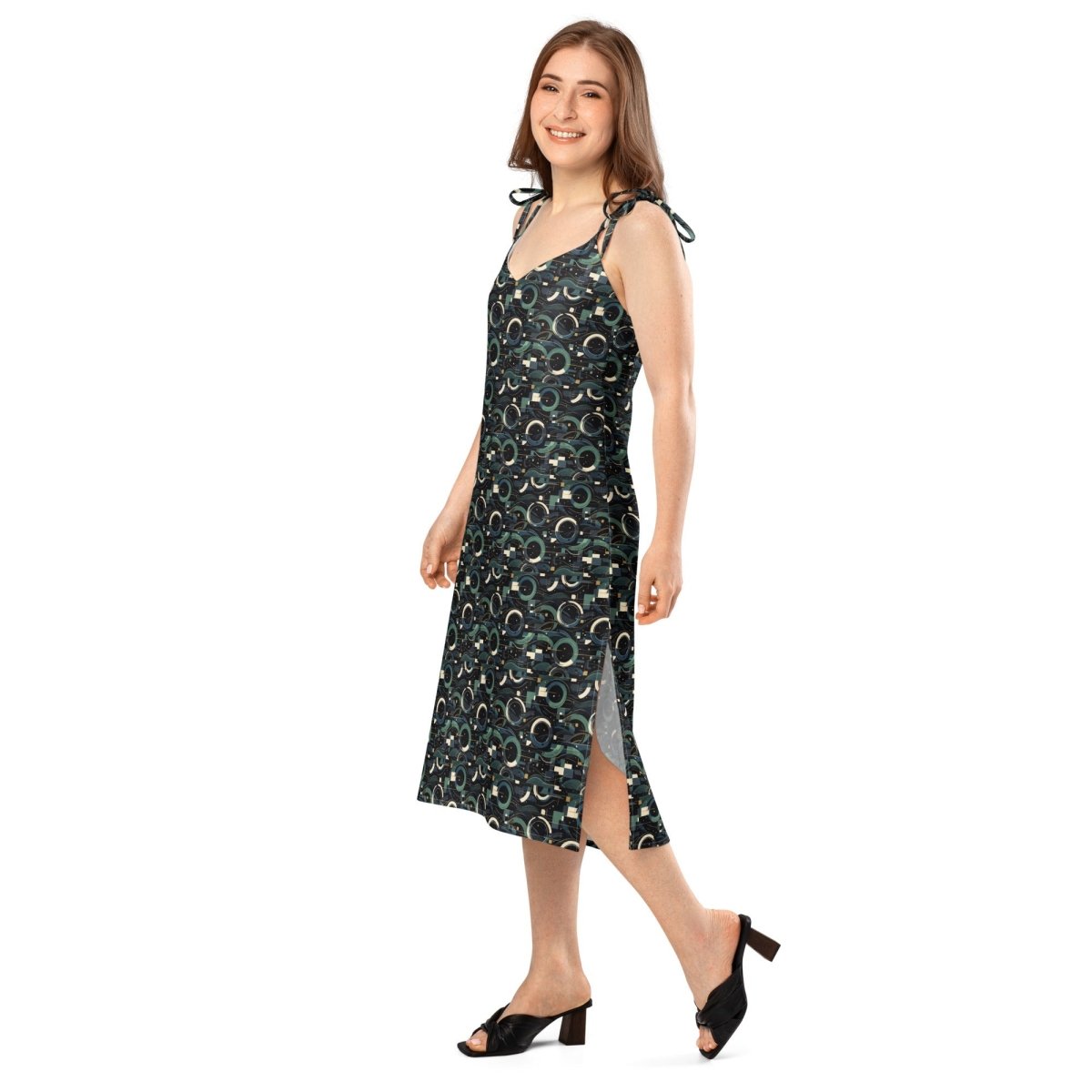Modern Geometric Midi Dress – Limited Drop – Black Green All - Over Print Chiffon Slip - Trendy
