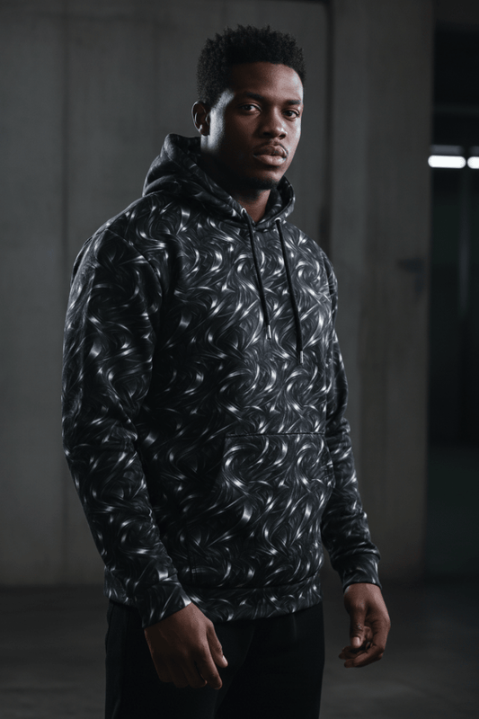 Neo - Futurist Flow Hoodie – Limited Drop – Dark Metallic All - Over Print Streetwear - Trendy