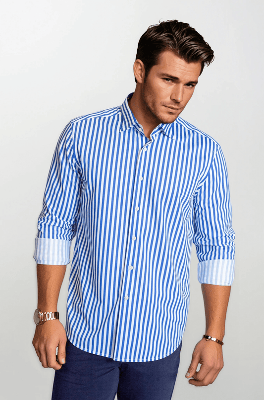 The Go Big Stripe Long Sleeve Tech Shirt - Royal Blue - Trendy